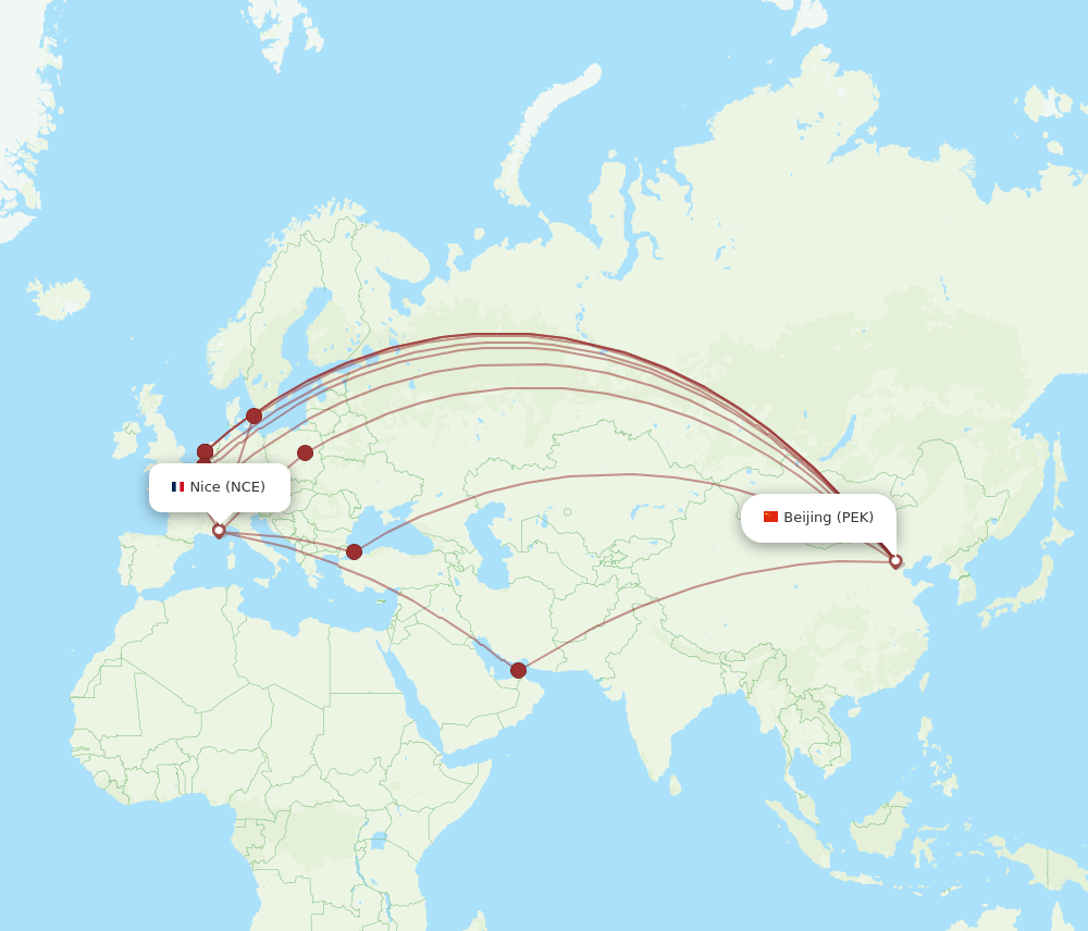 PEK to NCE flights and routes map