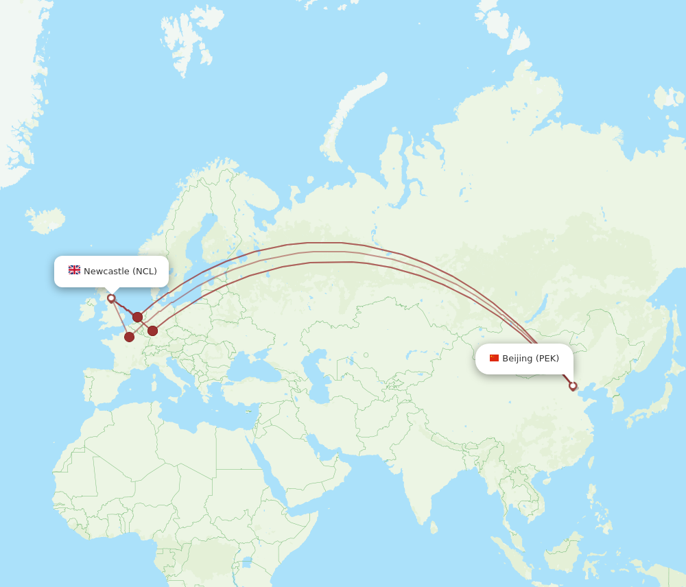 PEK to NCL flights and routes map