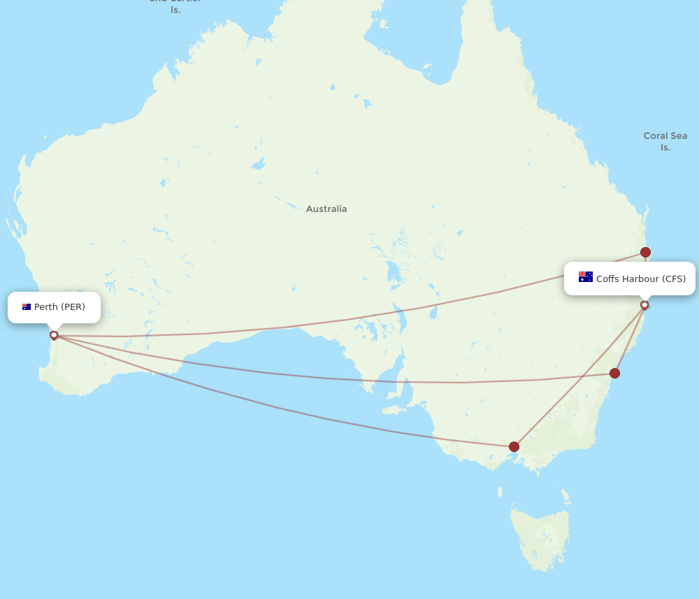 Flights from Perth to Coffs Harbour PER to CFS Flight Routes