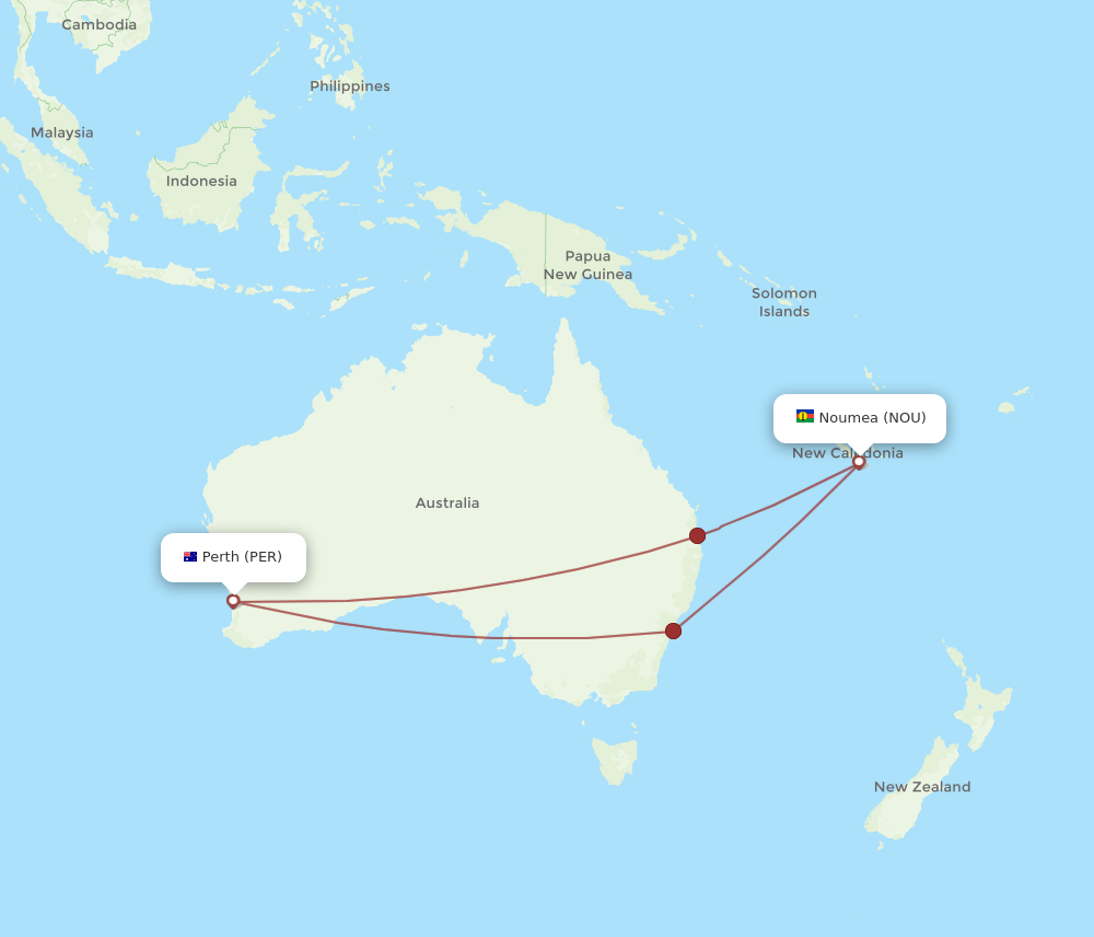 Flights from Perth to Noumea PER to NOU Flight Routes