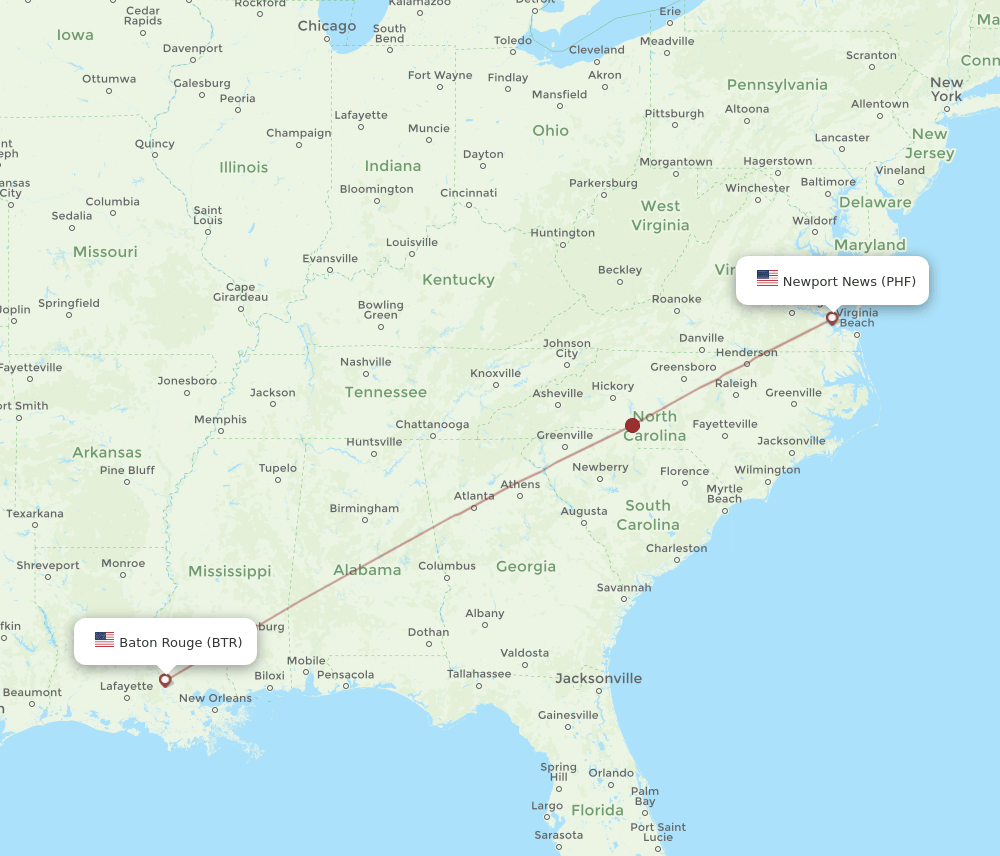 Flights from Newport News to Baton Rouge, PHF to BTR Flight Routes