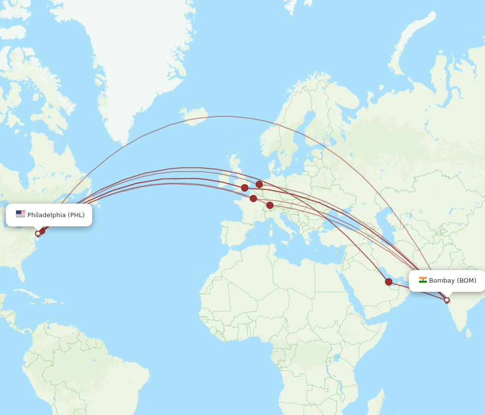 All flight routes from Philadelphia to Mumbai, PHL to BOM - Flight Routes