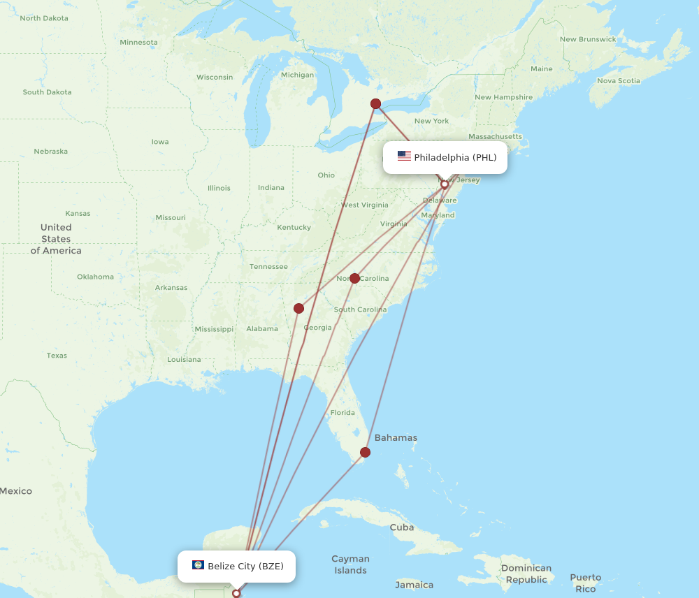 All flight routes from Philadelphia to Belize City, PHL to BZE - Flight ...