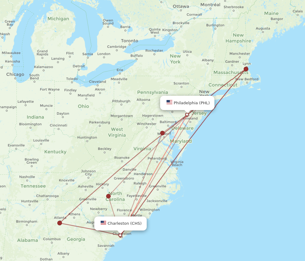 Flights from Philadelphia to Charleston PHL to CHS Flight Routes