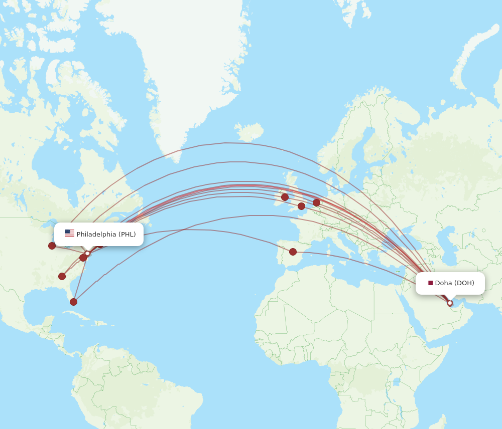 All flight routes from Philadelphia to Doha, PHL to DOH - Flight Routes