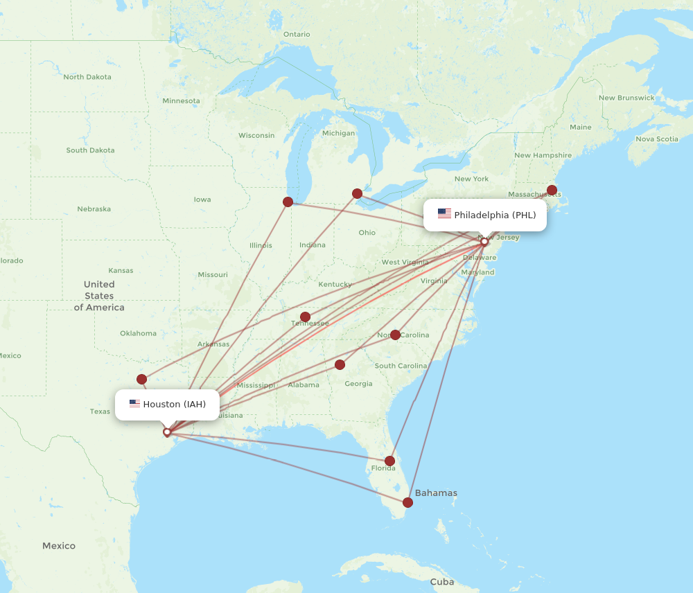 Flights from Philadelphia to Houston PHL to IAH Flight Routes