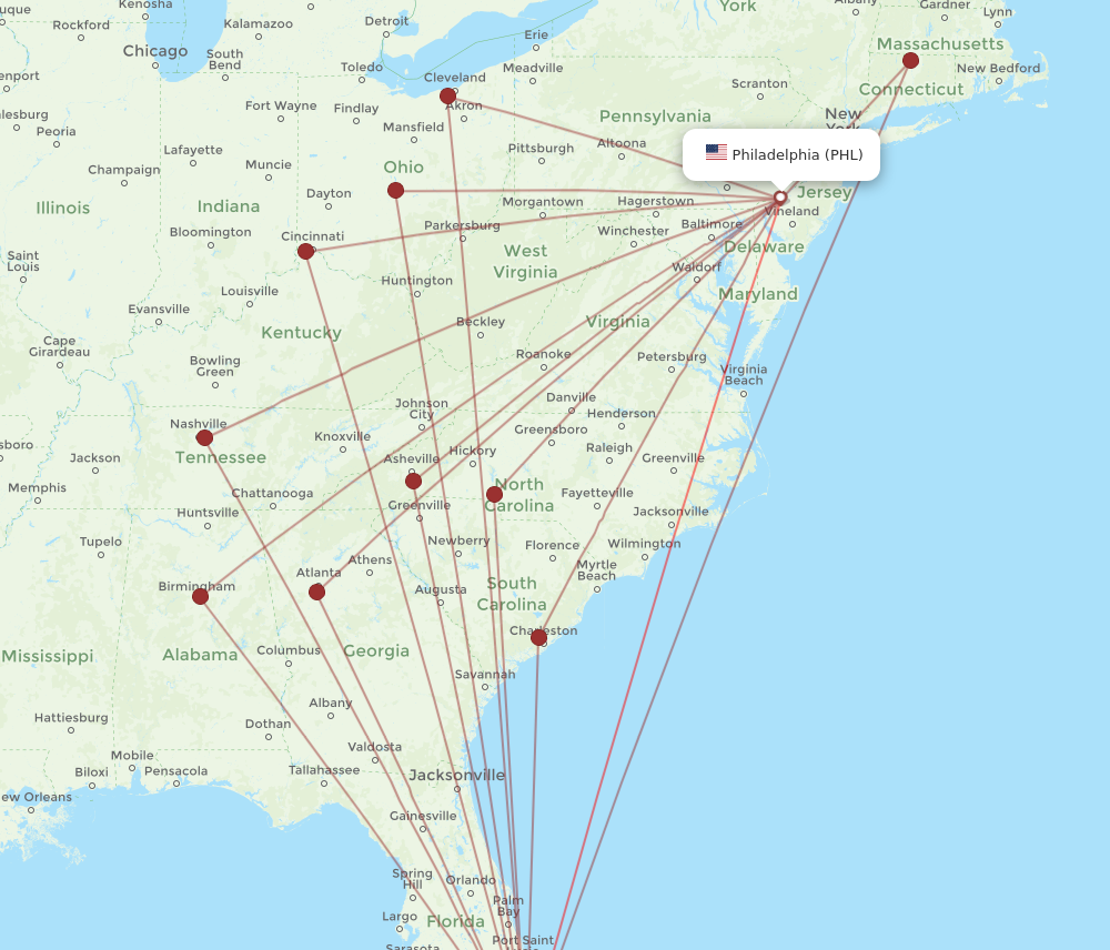 Flights from Philadelphia to Miami PHL to MIA Flight Routes