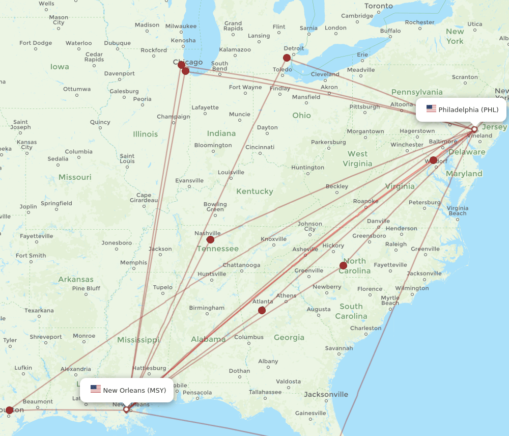 All Flight Routes From Philadelphia To New Orleans Phl To Msy Flight Routes 8040