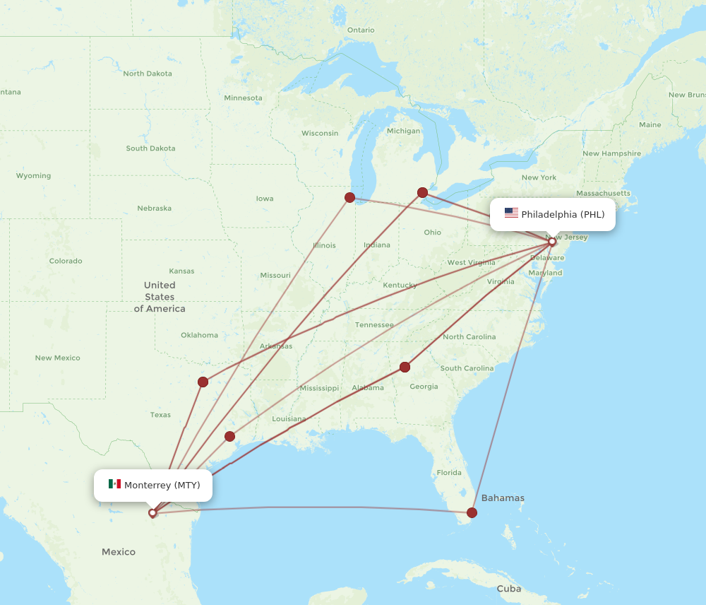 Flights from Philadelphia to Monterrey PHL to MTY Flight Routes