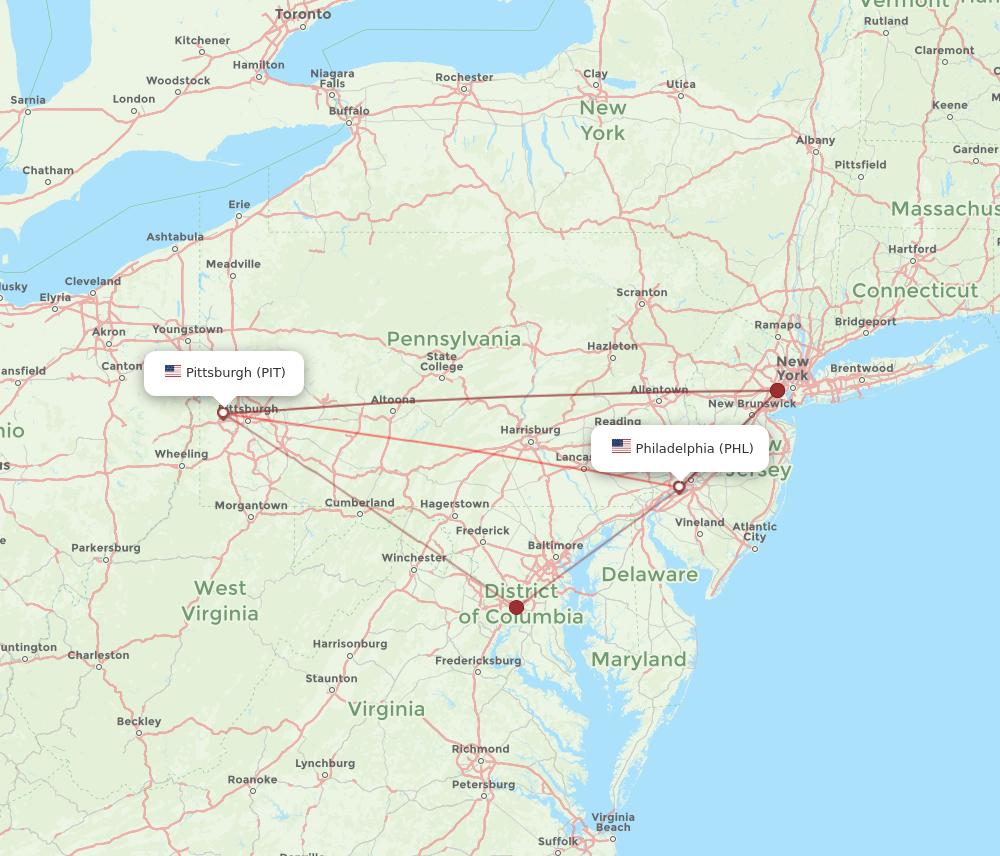 PHL to PIT flights and routes map