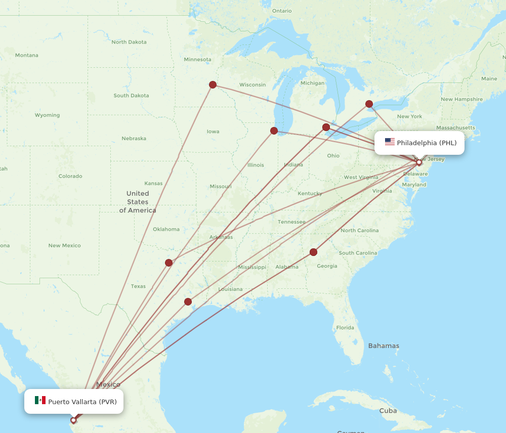 All flight routes from Philadelphia to Puerto Vallarta, PHL to PVR ...