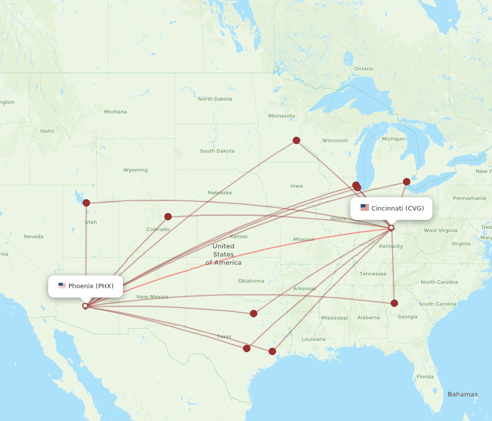 All flight routes from Phoenix to Cincinnati, PHX to CVG - Flight Routes