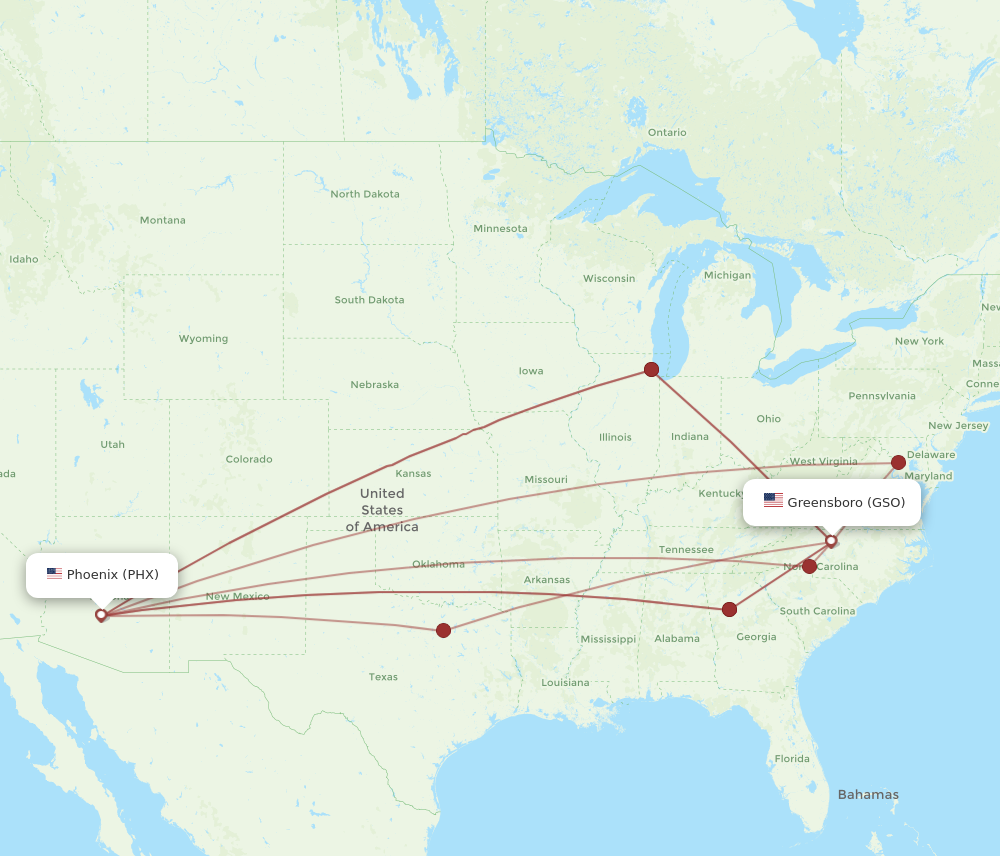 All flight routes from Phoenix to Greensboro/High Point, PHX to GSO ...