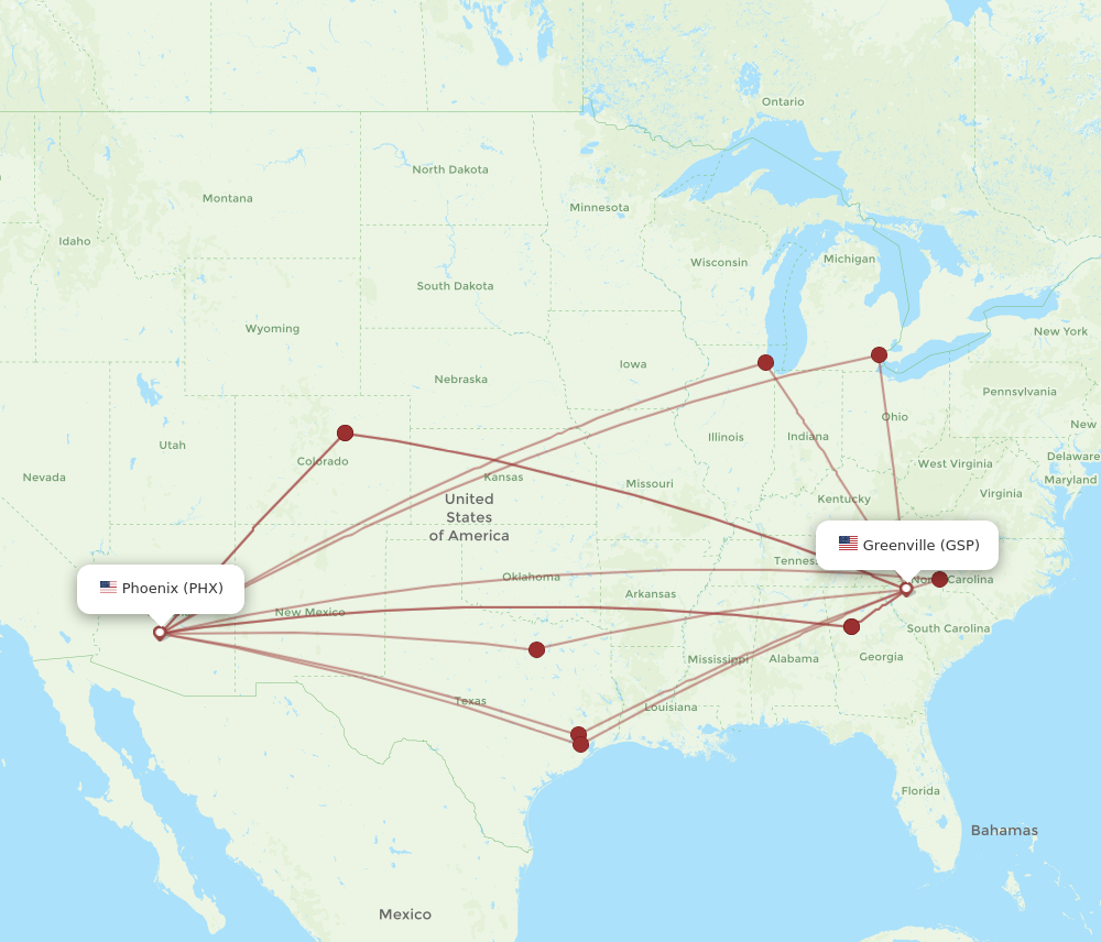 All flight routes from Phoenix to Greenville, PHX to GSP - Flight Routes