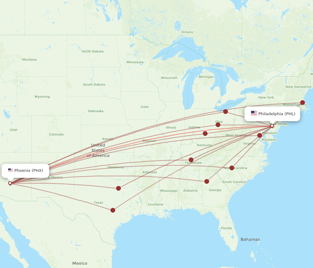 Flights from Phoenix to Philadelphia PHX to PHL Flight Routes