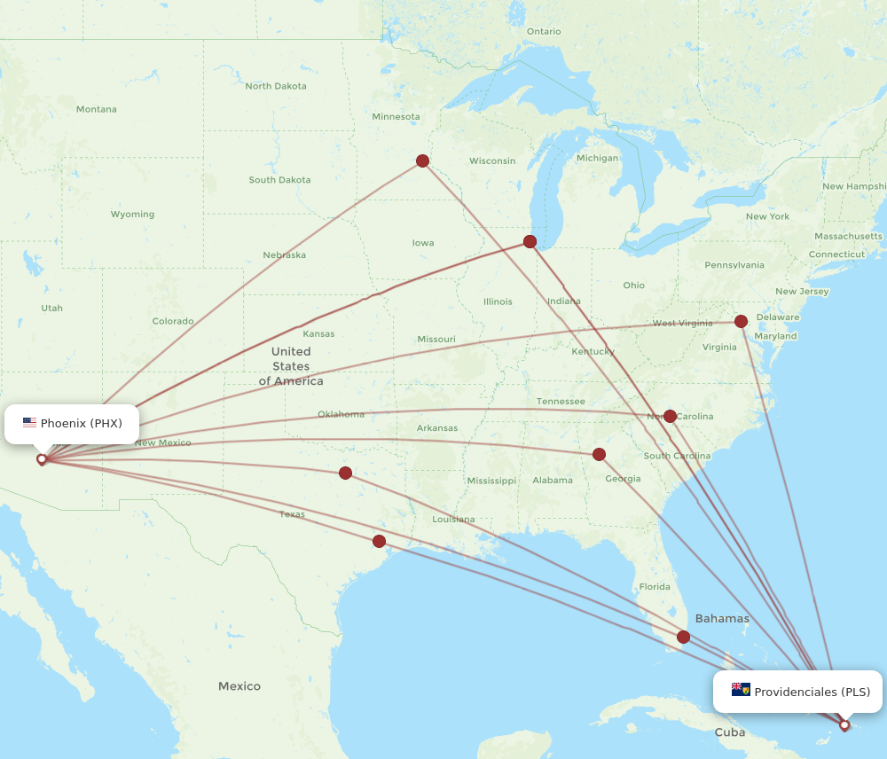 All flight routes from Phoenix to Providenciales, PHX to PLS - Flight ...