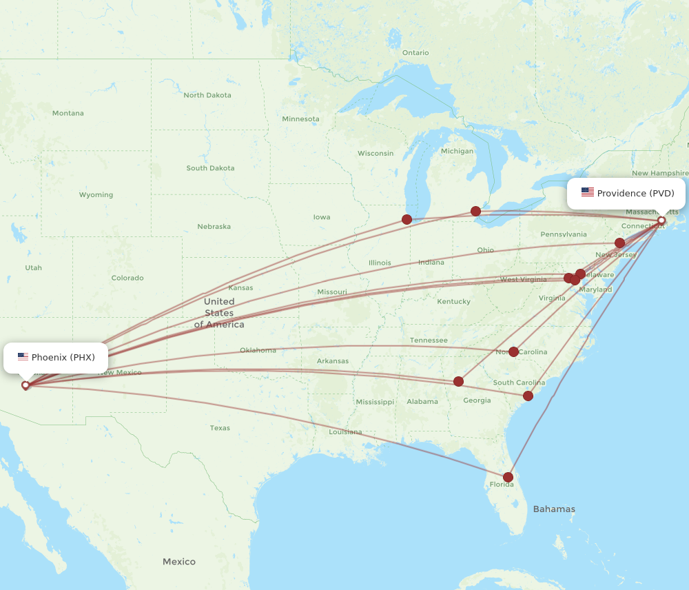 All flight routes from Phoenix to Providence, PHX to PVD - Flight Routes