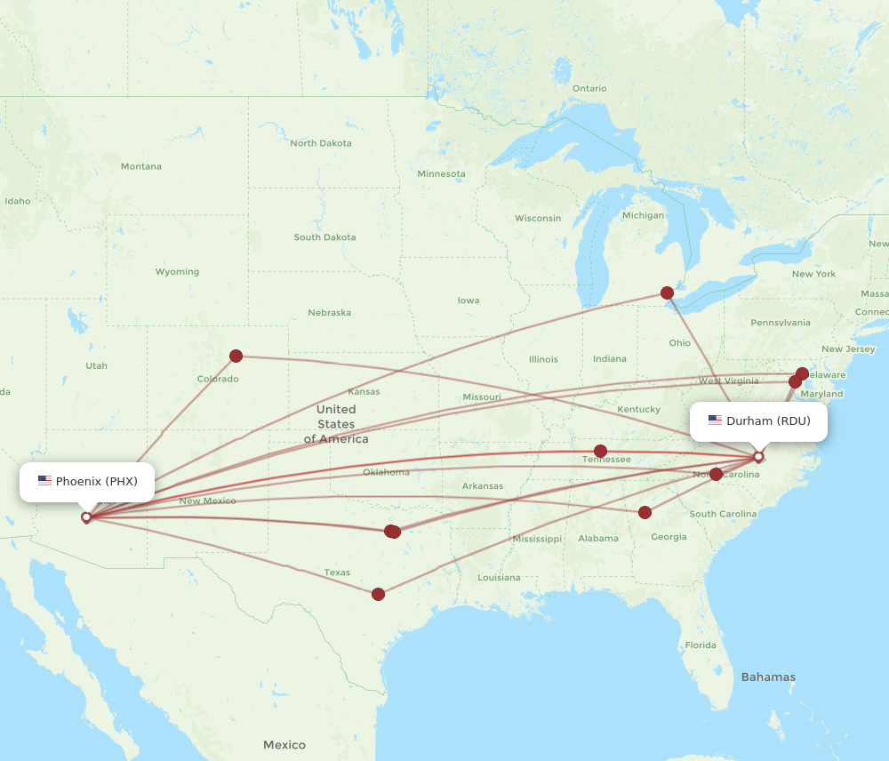 All flight routes from Phoenix to Raleigh/Durham, PHX to RDU - Flight ...