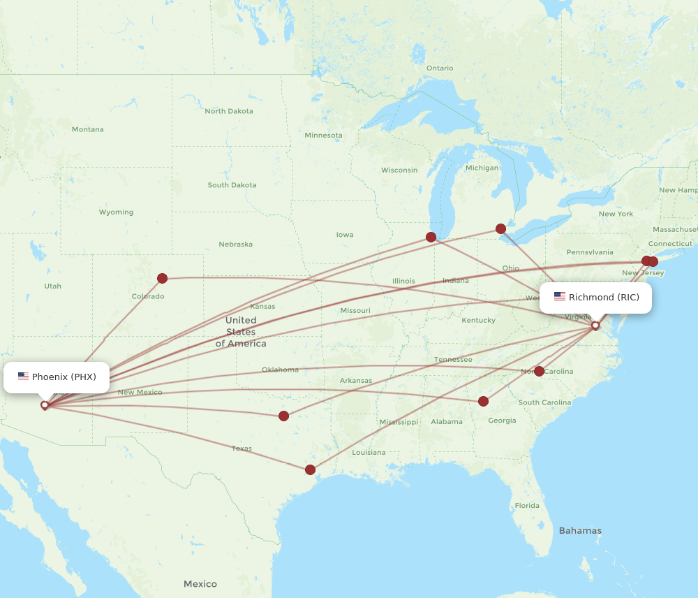 All flight routes from Phoenix to Richmond, PHX to RIC - Flight Routes