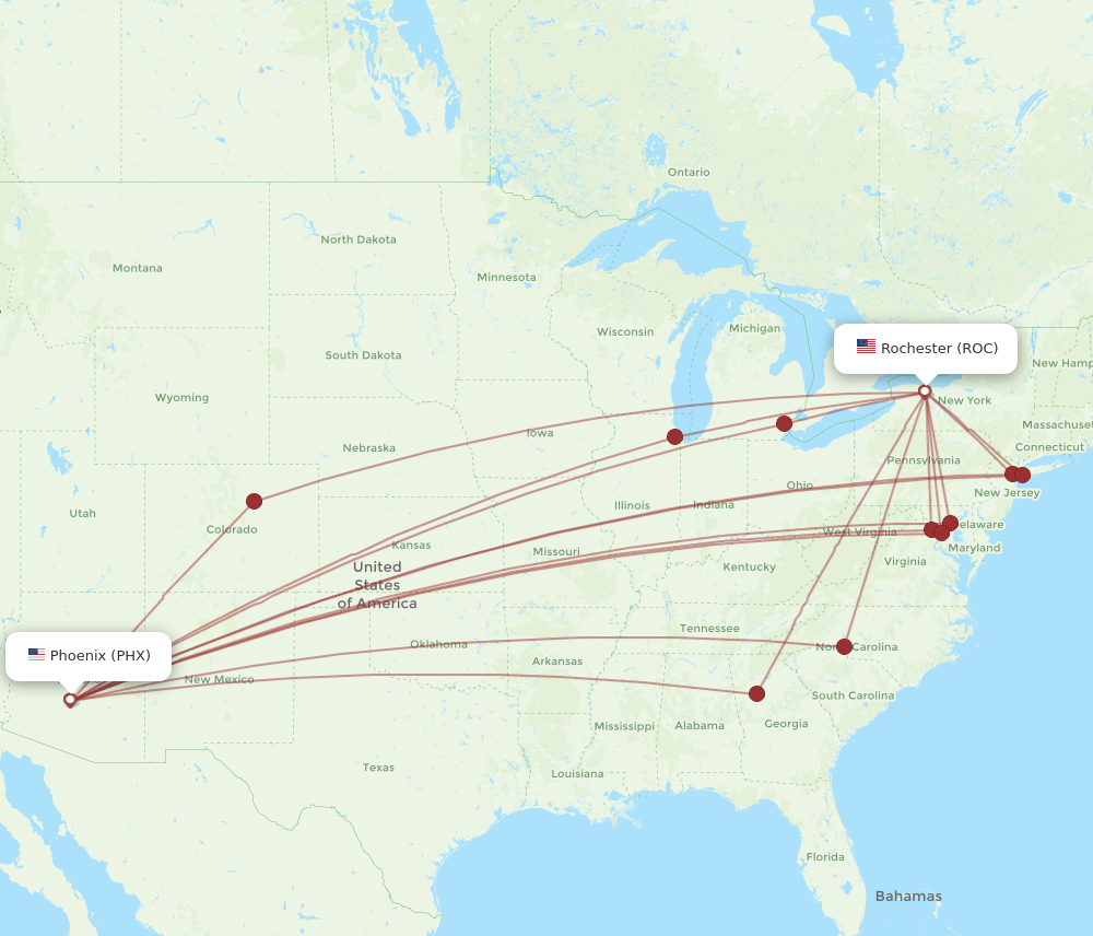 All flight routes from Phoenix to Rochester, PHX to ROC - Flight Routes