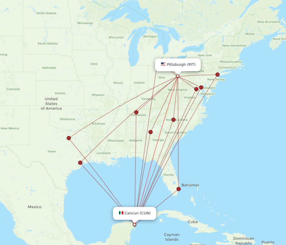 All flight routes from Pittsburgh to Cancun, PIT to CUN - Flight Routes