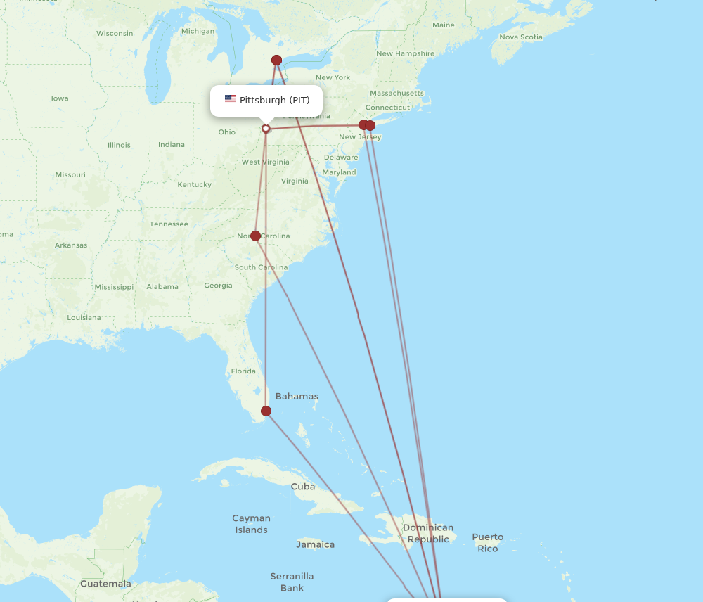 All flight routes from Pittsburgh to Curacao, PIT to CUR - Flight Routes