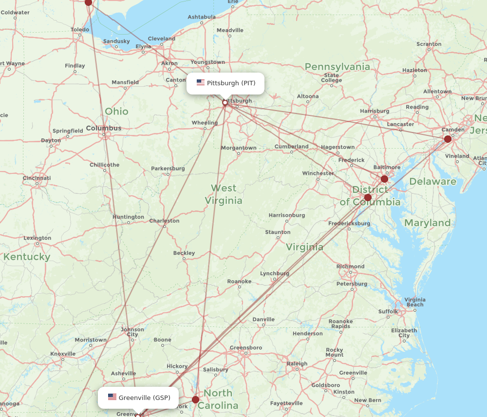 All flight routes from Pittsburgh to Greenville, PIT to GSP - Flight Routes