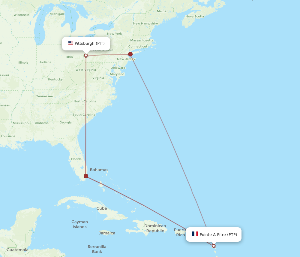 Flights from Pittsburgh to Pointe a Pitre PIT to PTP Flight Routes