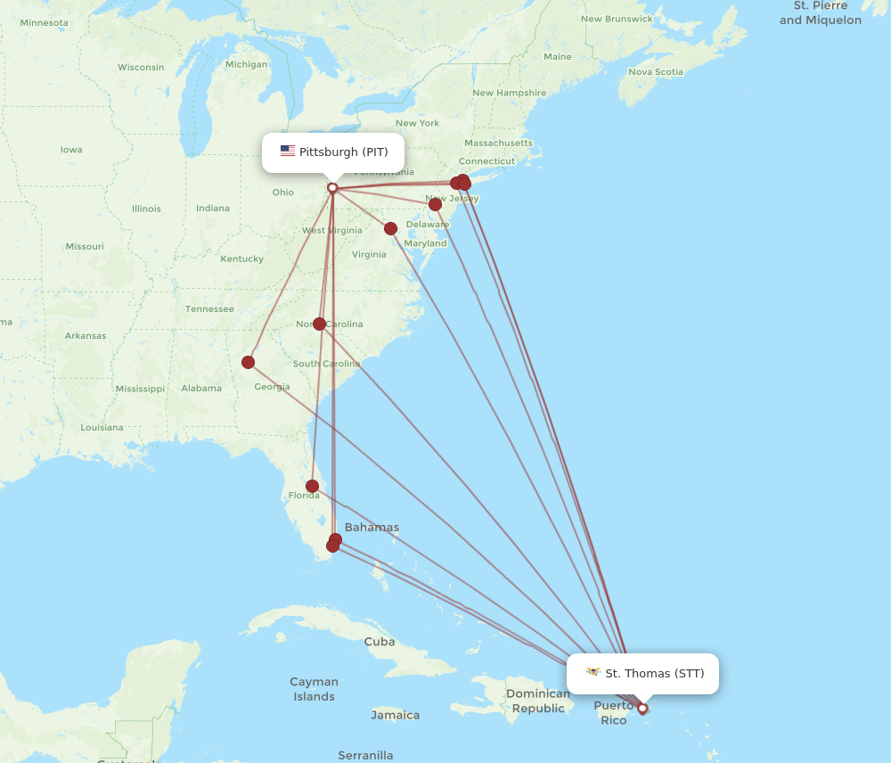 All flight routes from Pittsburgh to Saint Thomas, PIT to STT - Flight ...