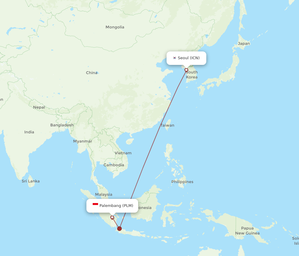 All flight routes from Palembang to Seoul, PLM to ICN - Flight Routes