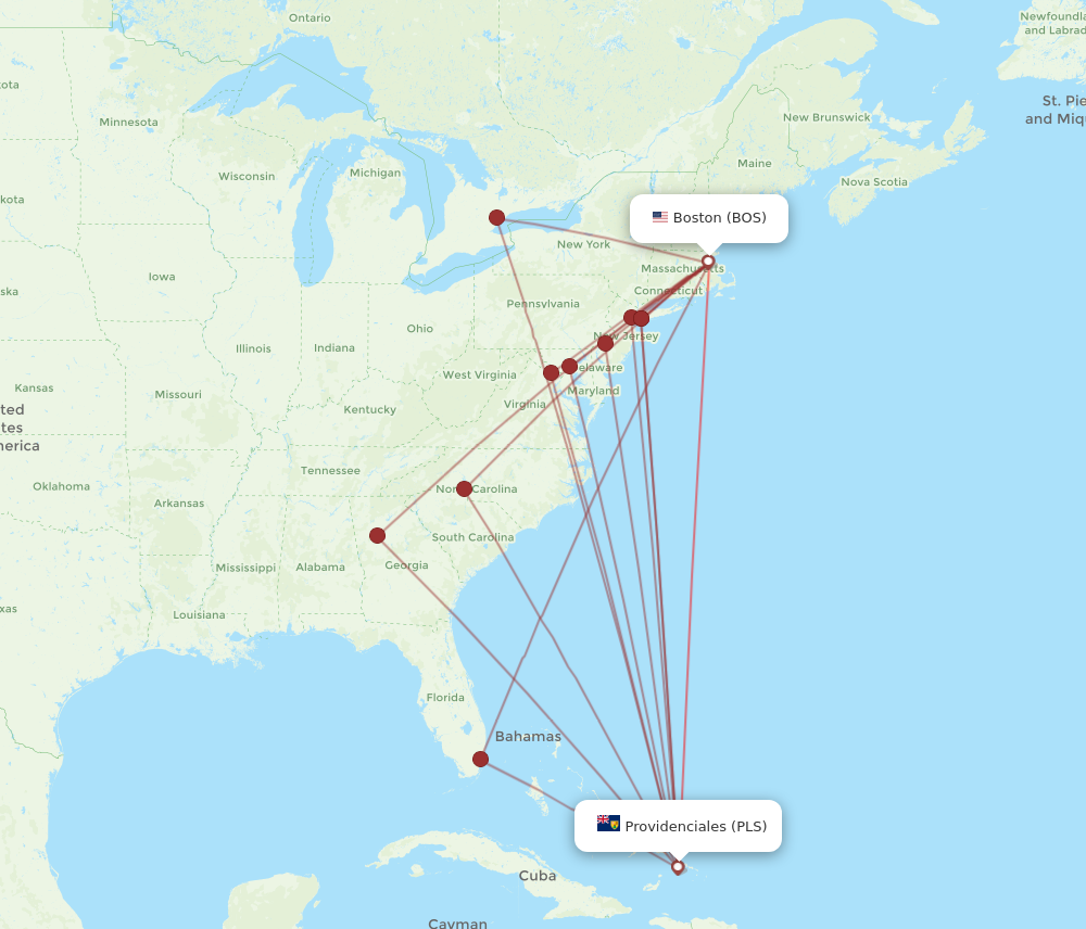 Flights from Providenciales to Boston PLS to BOS Flight Routes