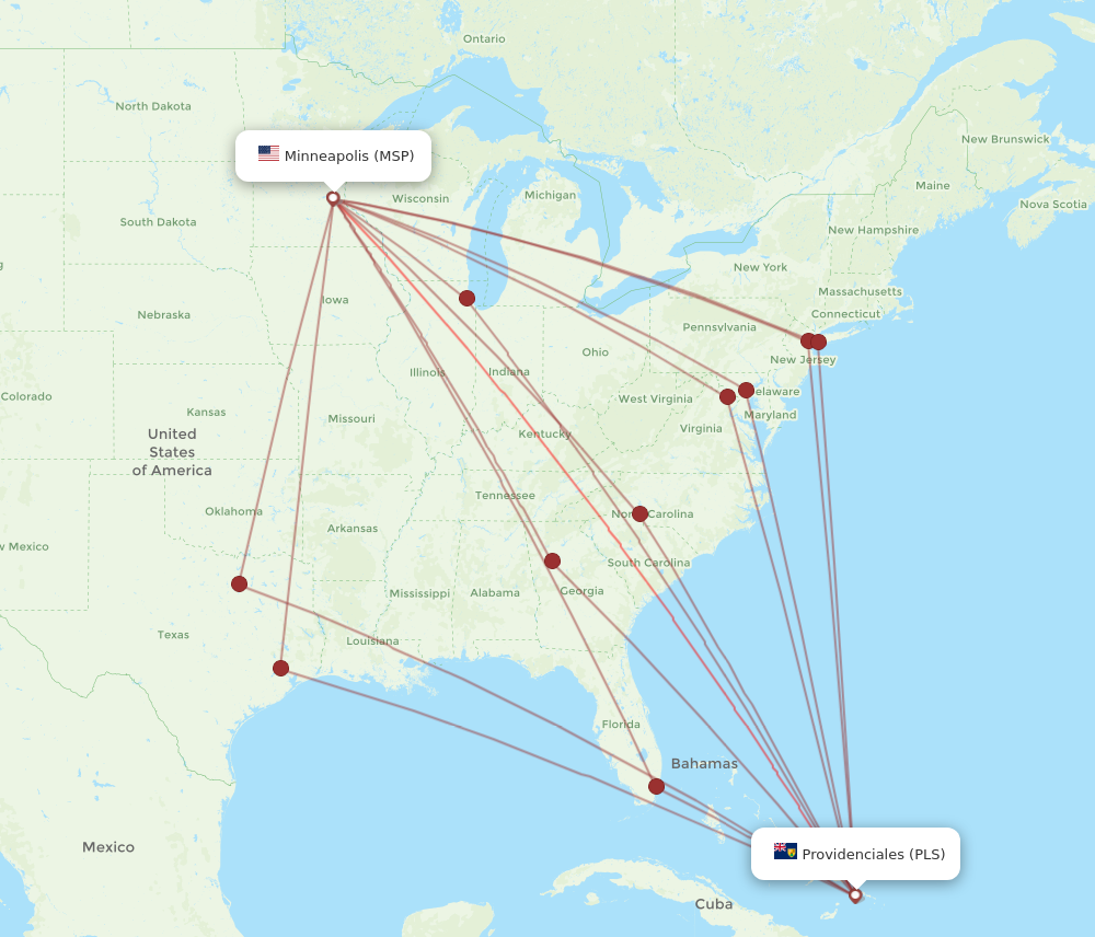 All flight routes from Providenciales to Minneapolis, PLS to MSP ...