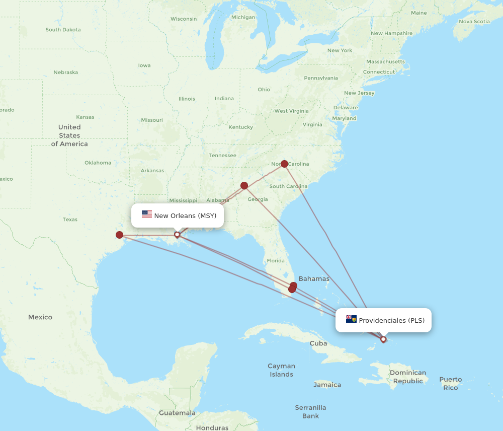 Flights from Providenciales to New Orleans PLS to MSY Flight Routes