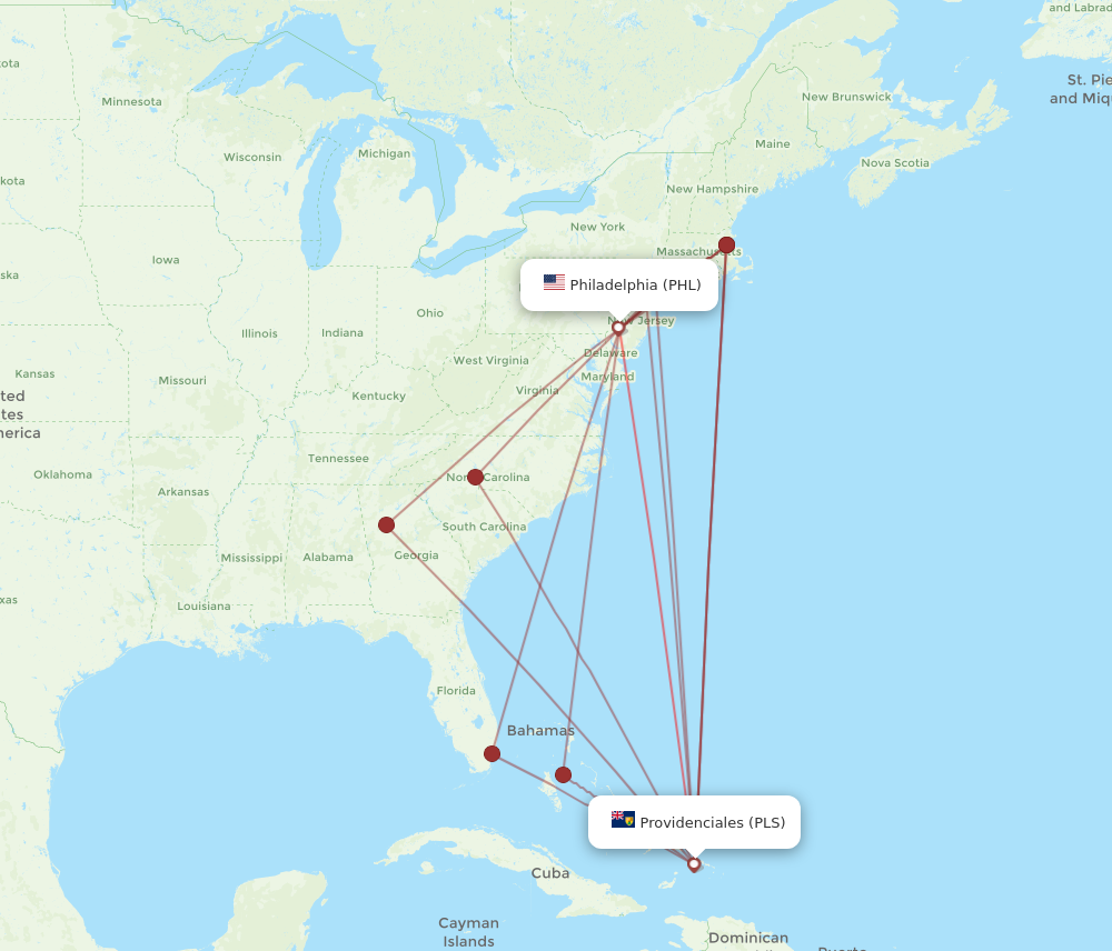 All flight routes from Providenciales to Philadelphia, PLS to PHL ...