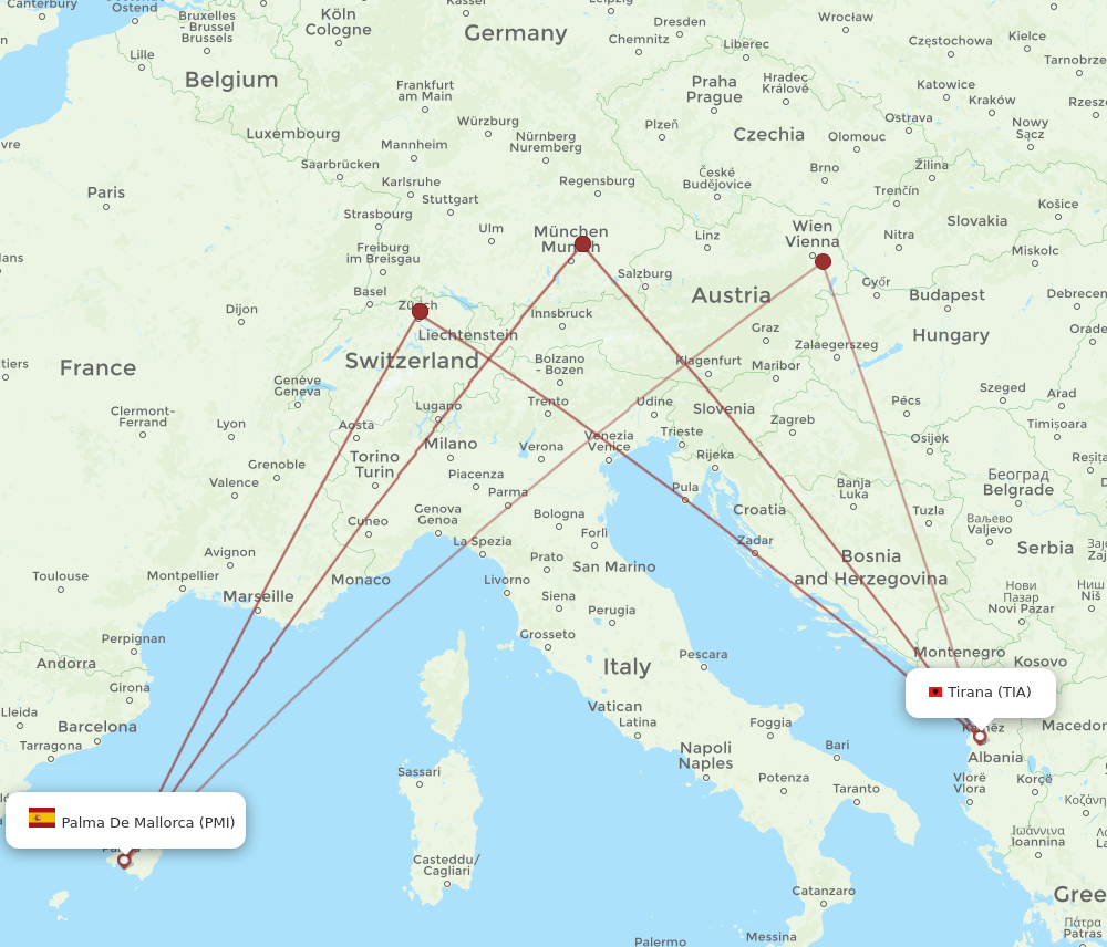 All flight routes from Palma de Mallorca to Tirana, PMI to TIA - Flight ...