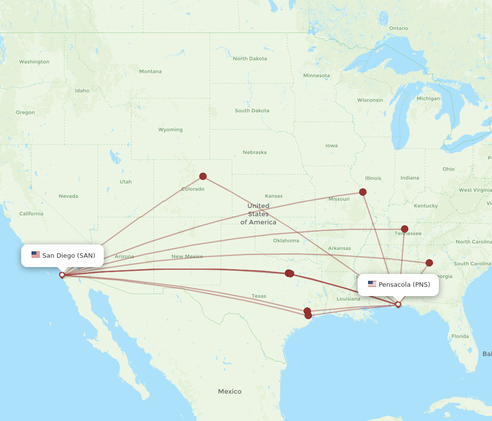 All flight routes from Pensacola to San Diego, PNS to SAN - Flight Routes