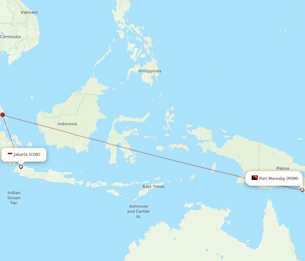 All flight routes from Port Moresby to Jakarta, POM to CGK - Flight Routes