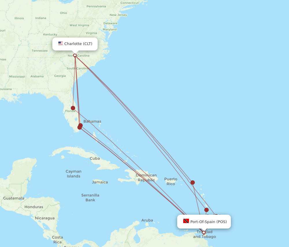 All flight routes from Port Of Spain to Charlotte, POS to CLT - Flight ...