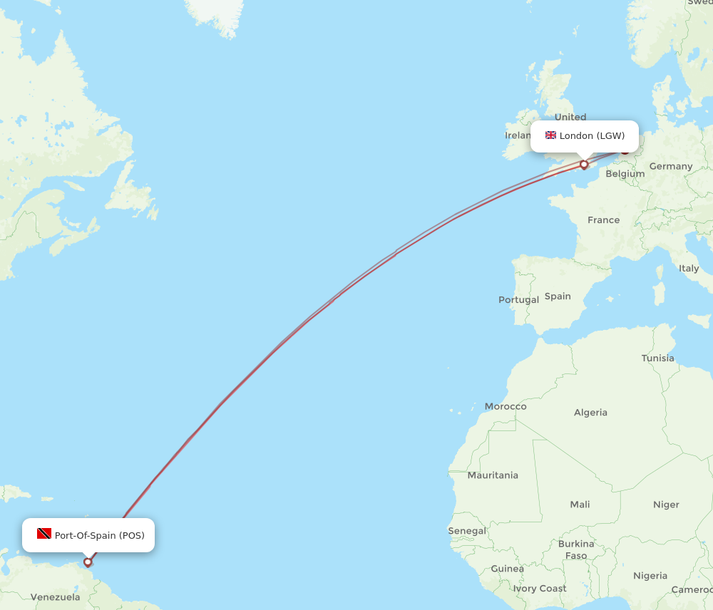 Flights from Port Of Spain to London POS to LGW Flight Routes