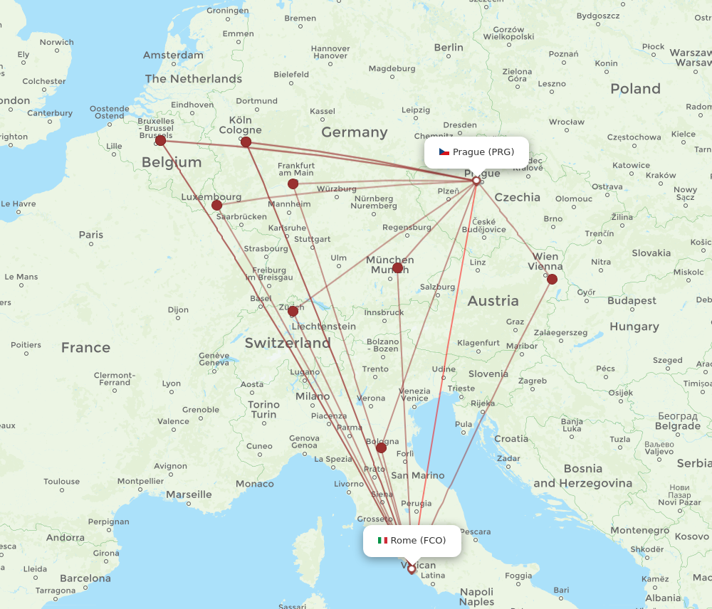 Flights from Prague to Rome PRG to FCO Flight Routes