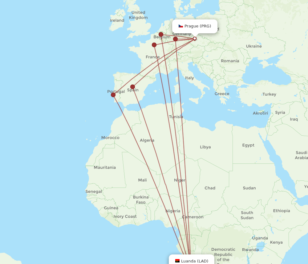 Flights from Prague to Luanda PRG to LAD Flight Routes