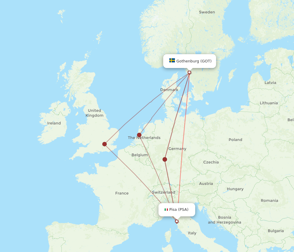 All Flight Routes From Pisa To Gothenburg, PSA To GOT - Flight Routes