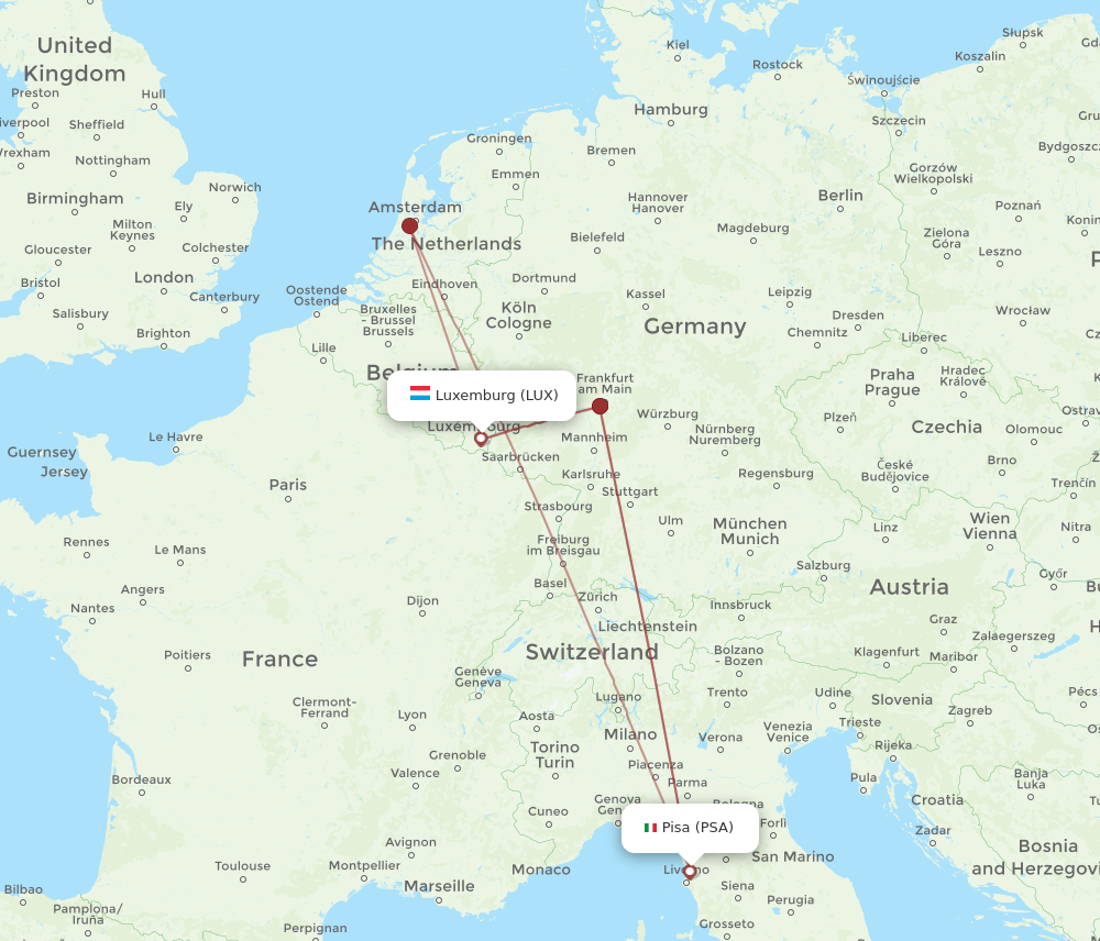 All Flight Routes From Pisa To Luxembourg, PSA To LUX - Flight Routes