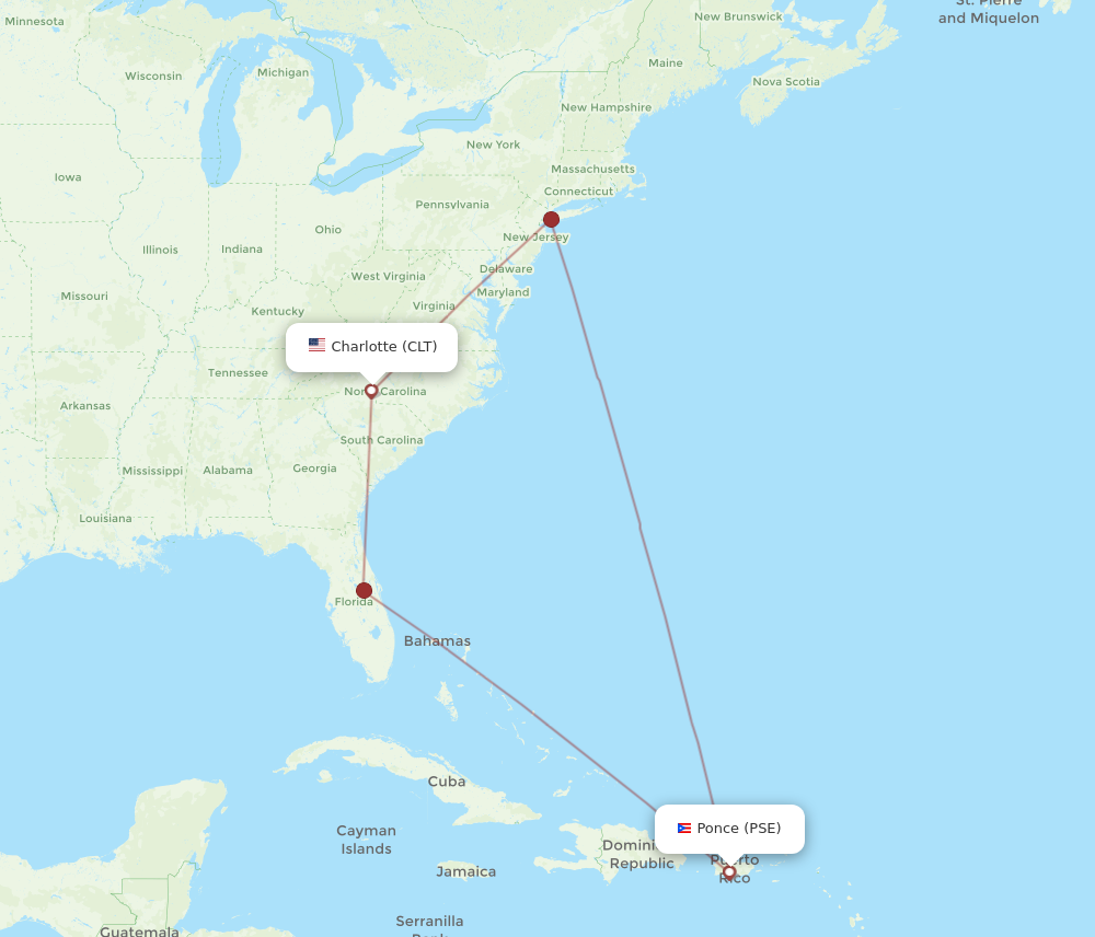 All flight routes from Ponce to Charlotte, PSE to CLT - Flight Routes