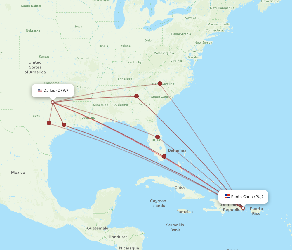 All flight routes from Punta Cana to Dallas, PUJ to DFW - Flight Routes