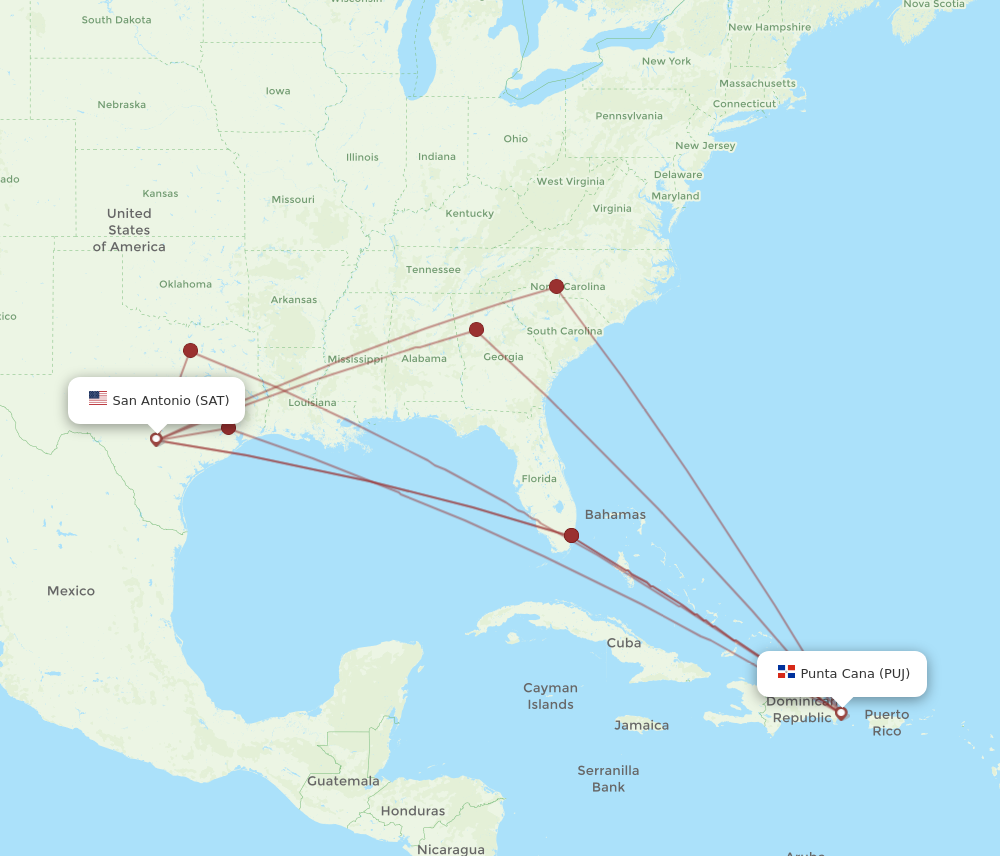 All Flight Routes From Punta Cana To San Antonio, PUJ To SAT - Flight ...