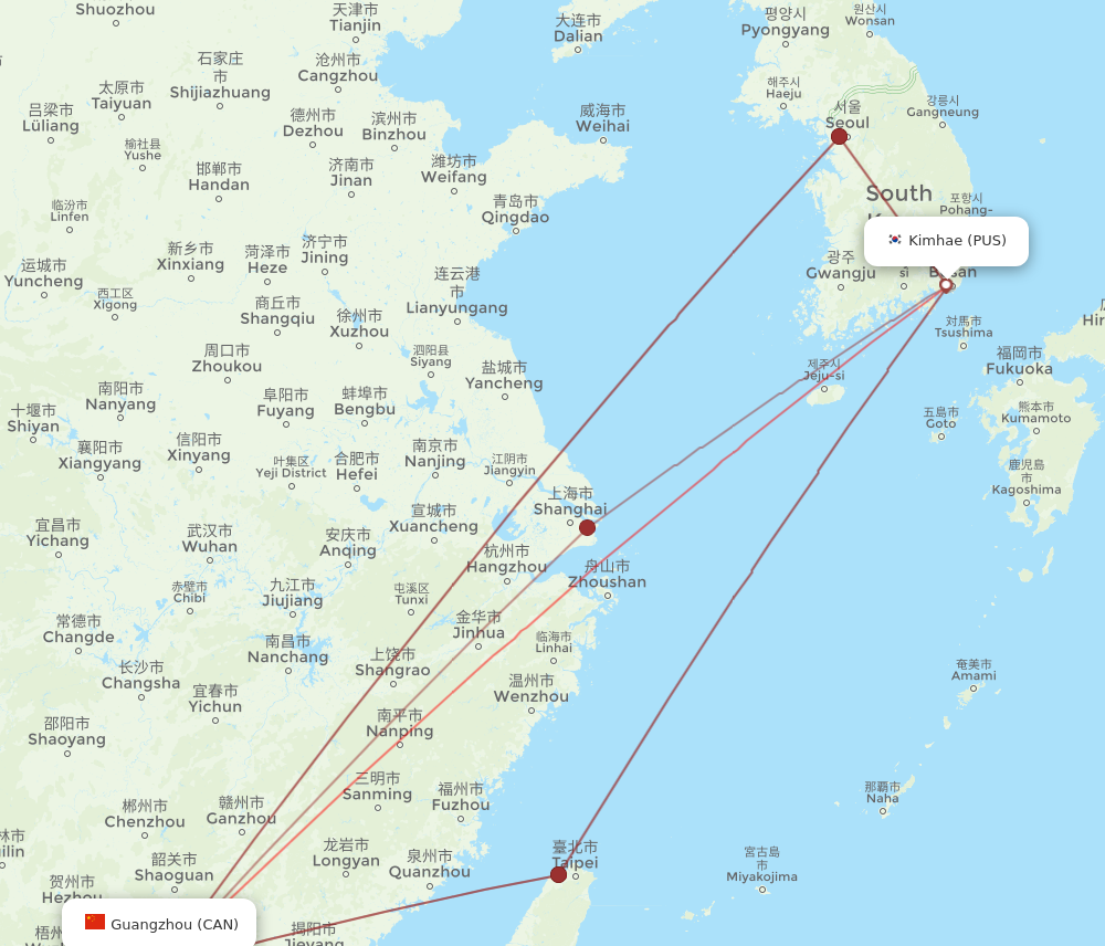 PUS to CAN flights and routes map