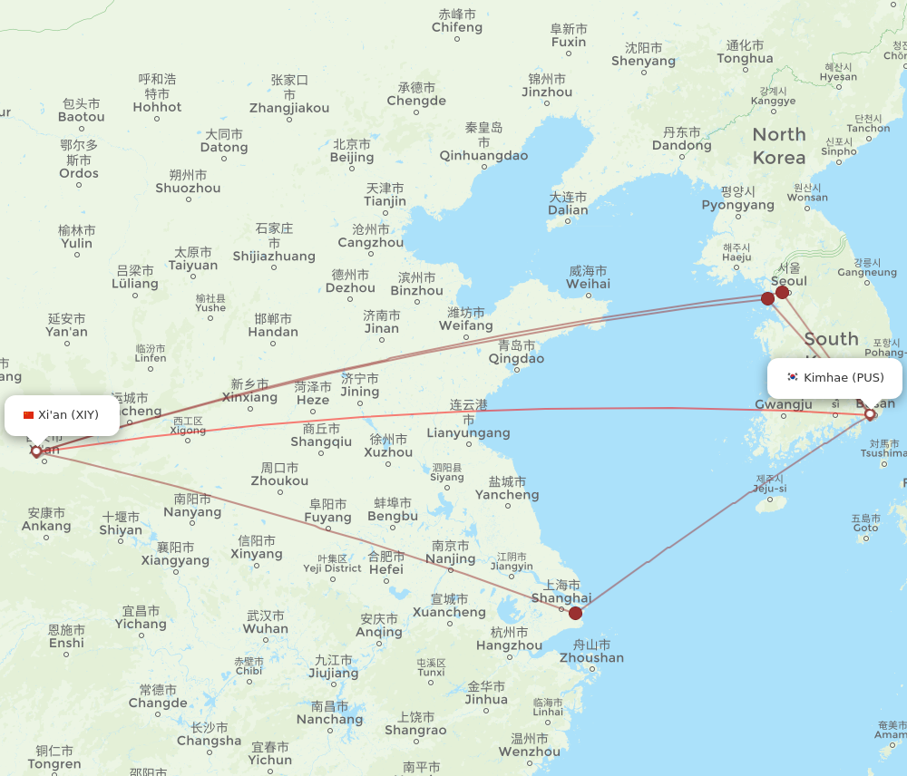 PUS to XIY flights and routes map