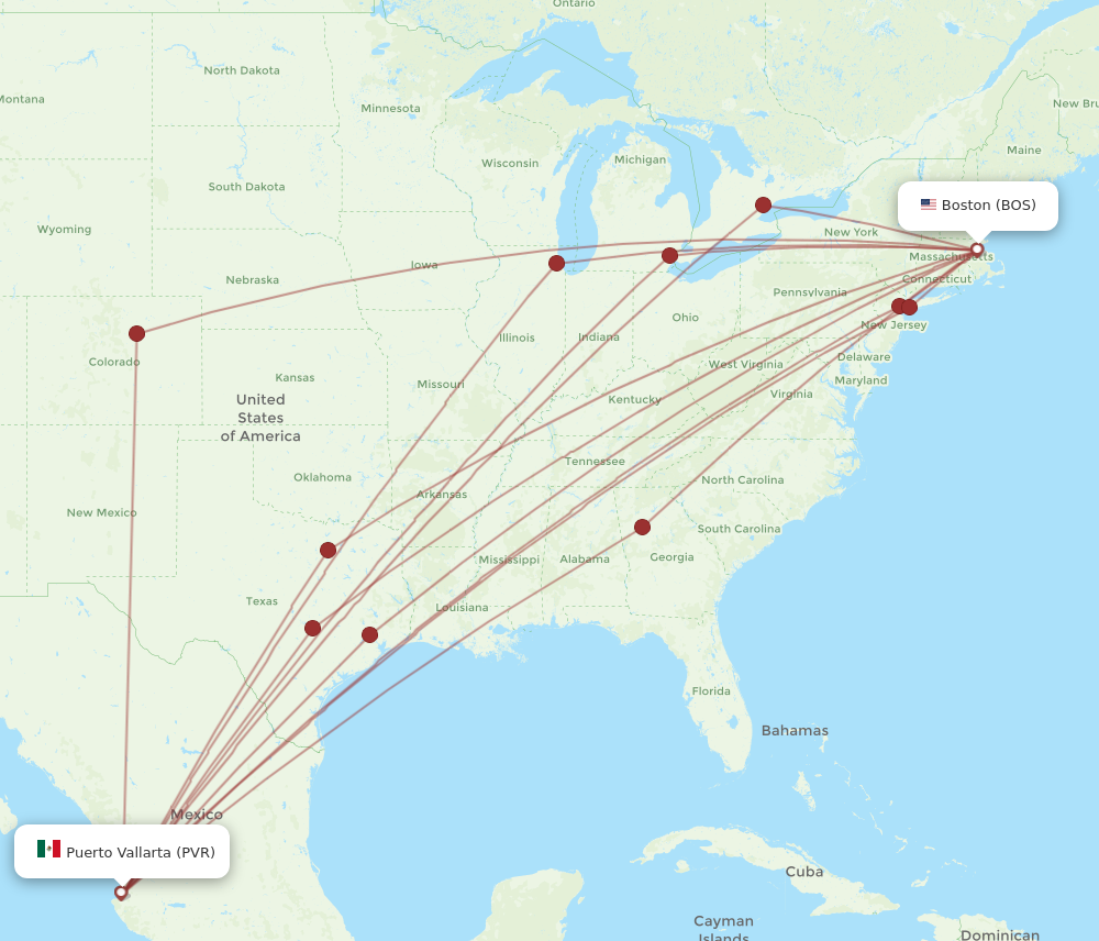 All flight routes from Puerto Vallarta to Boston, PVR to BOS - Flight ...