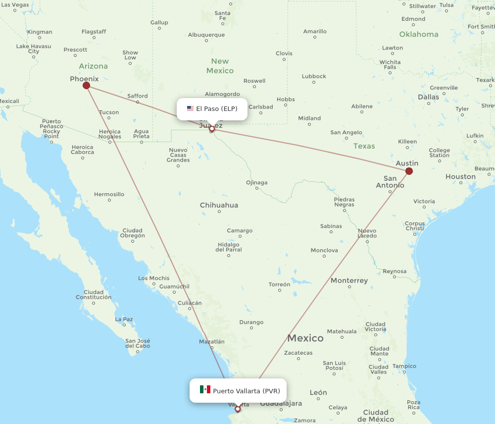 Flights from Puerto Vallarta to El Paso PVR to ELP Flight Routes